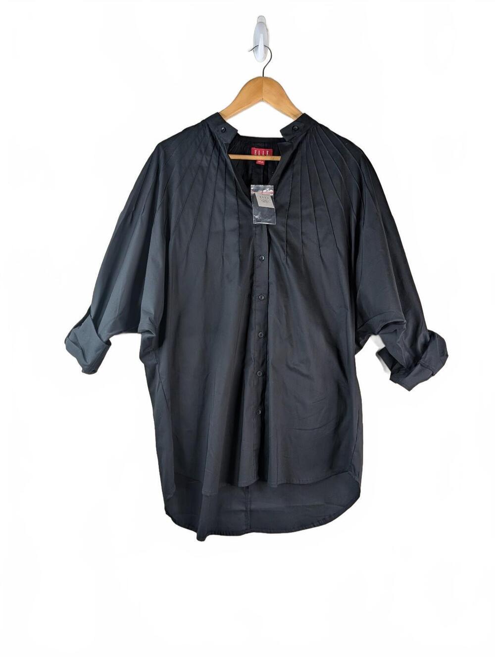 NWT ELLE Black Button-Down Dolman Sleeve Blouse with Pleated Detailing Size L